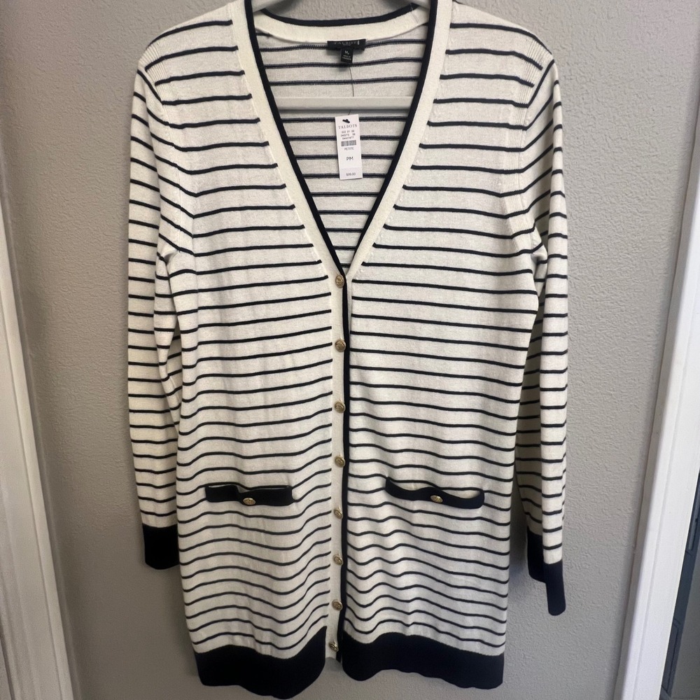 Talbots NWT Striped Longline Cardigan Ivory Navy Gold Button
Womens Med Petite